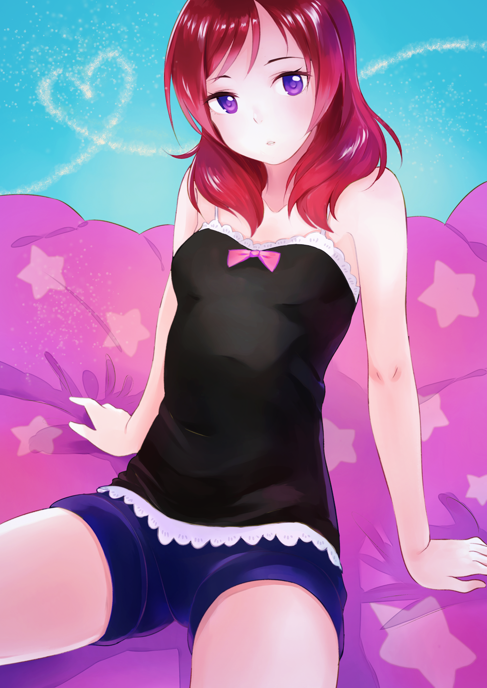10s, 1girl, female_focus, head_tilt, heart, highres, inuko_(redconstellation), looking_at_viewer, love_live!, love_live!_school_idol_project, nishikino_maki, purple_eyes, red_hair, short_hair, shorts, sitting, solo, spaghetti_strap, star_(symbol), star_print