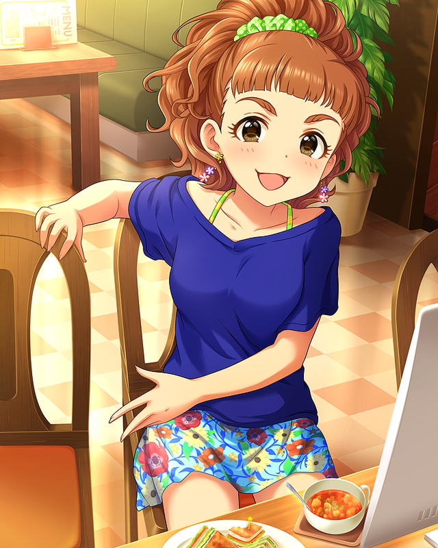 10s, 1girl, artist_request, brown_eyes, brown_hair, chair, checkered_floor, curly_hair