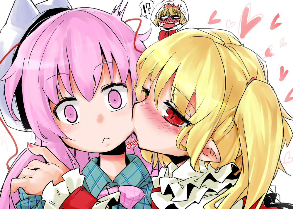 !?, 3girls, :<, blank_eyes, blonde_hair, blouse, blue_shirt, blush, constricted_pupils, empty_eyes, expressionless, eyebrows, flandre_scarlet, flustered, hair_between_eyes, hand_on_another's_shoulder, harry_(namayake), hata_no_kokoro, heart, kiss, kissing_cheek, long_hair, looking_at_viewer, mask, multicolored_hair, multiple_girls, missing_headwear, pink_eyes, pink_hair, plaid_clothes, plaid_shirt, profile, red_eyes, shirt, side_ponytail, slit_pupils, toramaru_shou, touhou, two-tone_hair, white_background, white_shirt, wings, wrist_cuffs, yuri