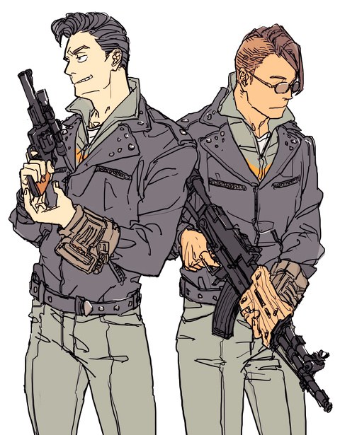 2boys, black_hair, brown_hair, butch_deloria, closed_mouth, cowboy_shot, fallout, fallout_3, flat_color, glasses, gun, half-closed_eyes, jacket, leather, leather_jacket, lone_wanderer, male_focus, multiple_boys, original, pants, simple_background, weapon, white_background, y_(chos)
