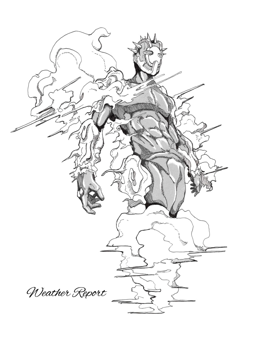 abs, absurdres, araki_hirohiko_(style), character_name, cloud, crosshatching, greyscale, gyro_(gyro-zeppeli), hatching, hatching_(texture), highres, jojo_no_kimyou_na_bouken, monochrome, no_humans, solo, spikes, stand_(jojo), stone_ocean, weather_report_(stand)