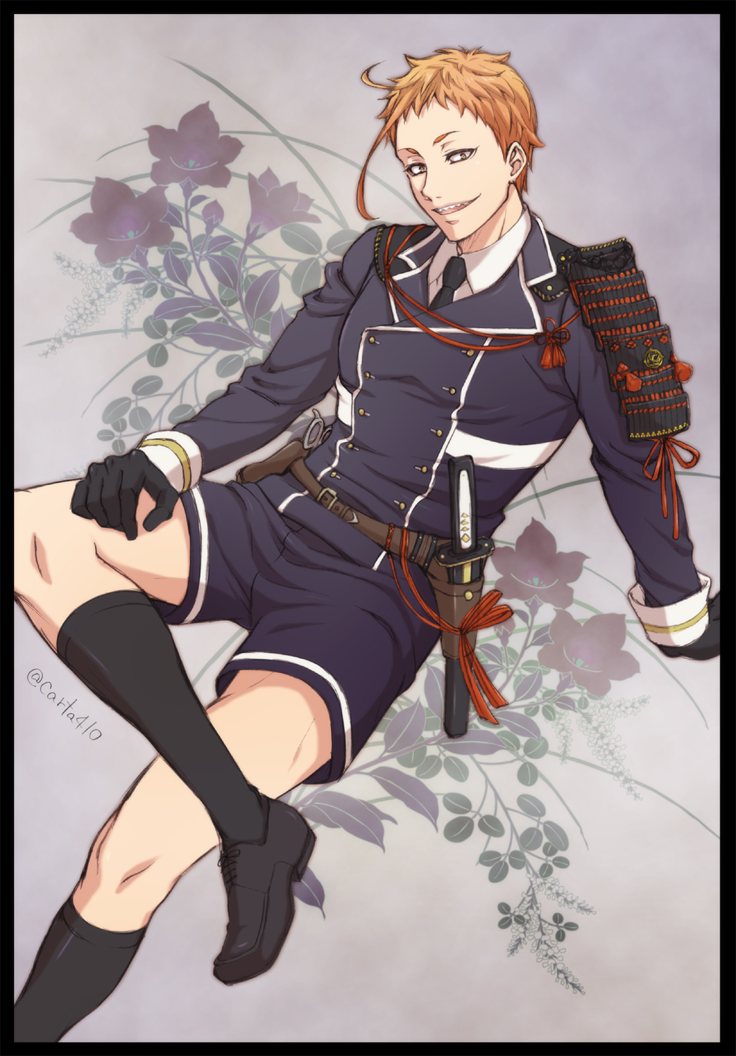 10s, 1boy, armor, black_border, black_gloves, black_socks, border, cosplay