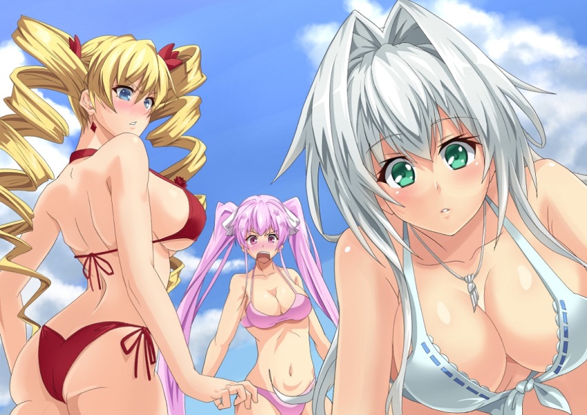 10s, 1girl, 3girls, ass, bikini, blonde_hair, blue_eyes, breasts