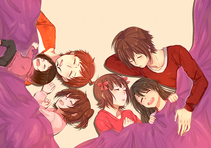 00s, 10s, 2boys, 4girls, ahoge, amagase_touma, amami_haruka, arm_support