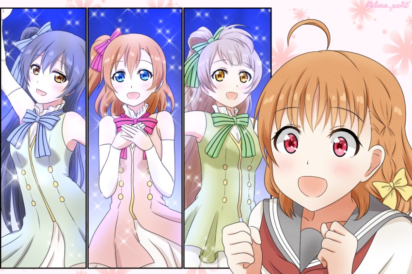 10s, 4girls, braid, brown_hair, dress, female_focus, hair_between_eyes, ijimeka_(meme), in-franchise_crossover, kosaka_honoka, kousaka_kure, long_hair, love_live!, love_live!_school_idol_project, love_live!_sunshine!!, meme, minami_kotori, multiple_girls, open_mouth, orange_hair, school_uniform, serafuku, short_hair, side_braid, sonoda_umi, takami_chika, upper_body