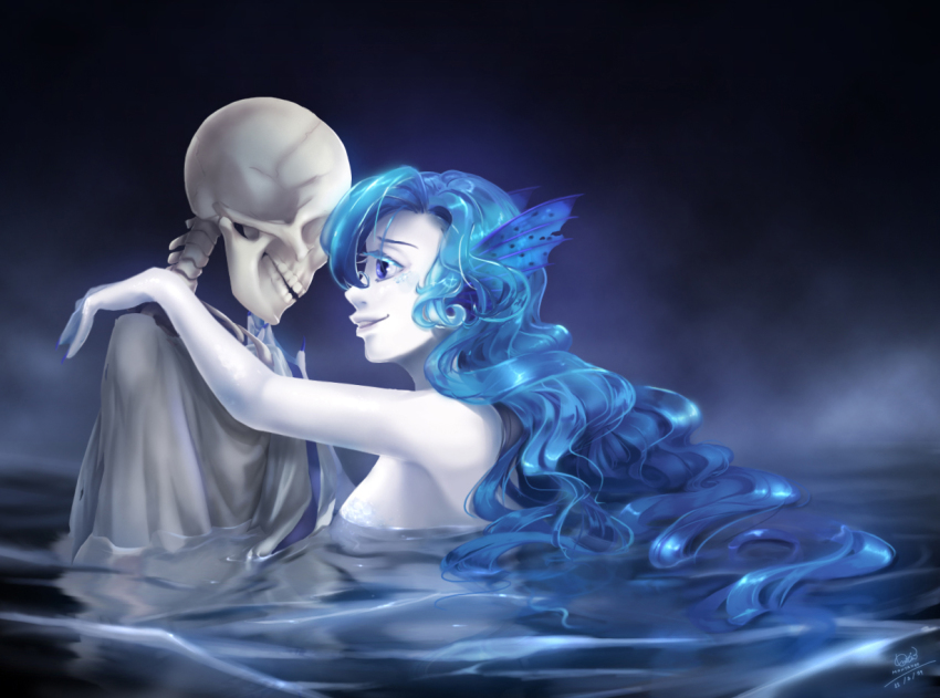 1boy, 1girl, blue_eyes, blue_hair, colored_skin, corpse, curly_hair, dated, doblemjwn, evil_smile, fingernails, fins, fog, grabbing_another's_chin, grey_skin, hand_on_another's_chin, hands_on_another's_shoulder, head_fins, hetero, hug, long_fingernails, mermaid, monster_girl, nail_polish, nude, ocean, original, pale_skin, partially_submerged, sharp_fingernails, signature, skeleton, smile, torn_clothes, water