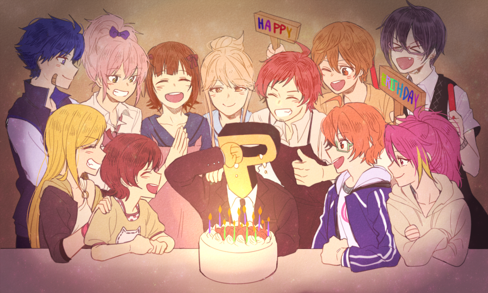 >_<, 00s, 10s, 4boys, 6+girls, amami_haruka, aoi_kyosuke, aoi_yusuke, bad_id, bad_pixiv_id, crying, closed_eyes, fujimoto_rina, happy_birthday, hidaka_ai, idolmaster, idolmaster_(classic), idolmaster_cinderella_girls, idolmaster_dearly_stars, idolmaster_million_live!, idolmaster_side-m, iseya_shiki, jougasaki_mika, kinoshita_hinata, maihama_ayumu, multiple_boys, multiple_girls, p-head_producer, pengin_de, producer_(idolmaster), taiga_takeru, tendo_teru, tenkuubashi_tomoka