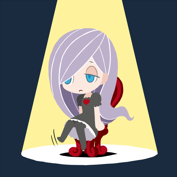 1girl, azuma_doguu, black_dress, black_thighhighs, blue_background, blue_eyes, chair, chibi