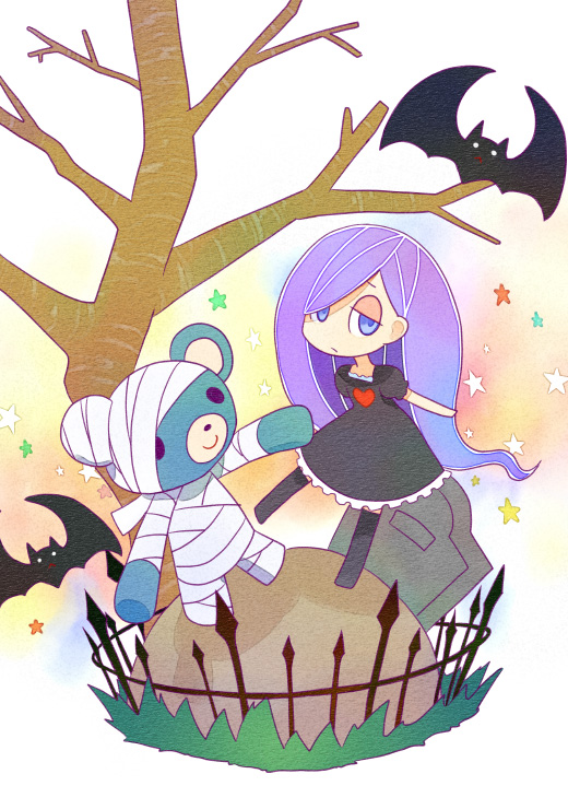 1girl, bandages, bat_(animal), bear, black_dress, black_thighhighs, blue_eyes, chibi