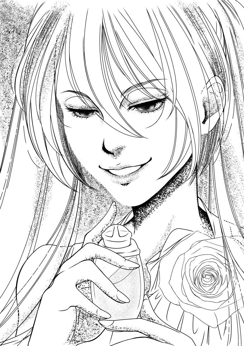 1girl, absurdres, bottle, empty_eyes, evil_smile, evillious_nendaiki, female_focus, flower