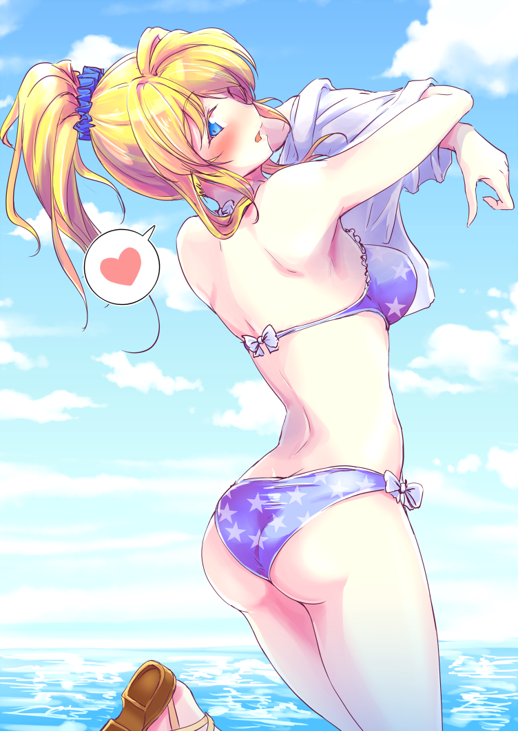 10s, 1girl, ass, ayase_eli, bare_shoulders, bikini, blonde_hair, blue_bikini, blue_eyes, blush, breasts, female_focus, heart, long_hair, looking_at_viewer, looking_back, love_live!, love_live!_school_idol_project, moonlight_(base), open_mouth, ponytail, print_bikini, scrunchie, solo, spoken_heart, star_(symbol), star_print, star_print_bikini, swimsuit, undressing