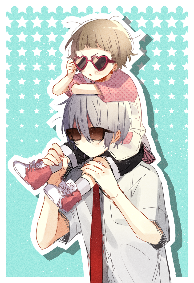 10s, 2boys, blue_background, blush, blush_stickers, brown_hair, carrying, child