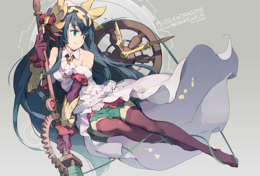 1girl, bare_shoulders, black_gloves, black_hair, black_thighhighs, dress, elbow_gloves, female_focus, gloves, green_eyes, hair_ornament, highres, long_hair, no_shoes, ponytail, puzzle_&amp;_dragons, sleeveless, sleeveless_dress, smile, solo, tennohi, thighhighs, verdandi_(p&amp;d), white_dress
