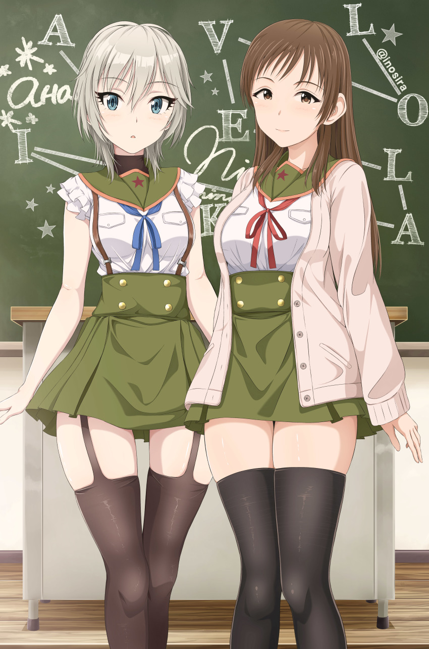 2girls, absurdres, anastasia_(idolmaster), black_legwear, blue_eyes, breasts, brown_eyes, brown_hair, chalkboard, cosplay, gakkou_gurashi!, garter_straps, has_bad_revision, highres, idolmaster, idolmaster_cinderella_girls, inoshira, large_breasts, long_hair, look-alike, looking_at_viewer, md5_mismatch, medium_breasts, multiple_girls, naoki_miki, naoki_miki_(cosplay), nitta_minami, resolution_mismatch, school_uniform, short_hair, silver_hair, smile, source_smaller, suspenders, thighhighs, trait_connection, wakasa_yuuri, wakasa_yuuri_(cosplay)