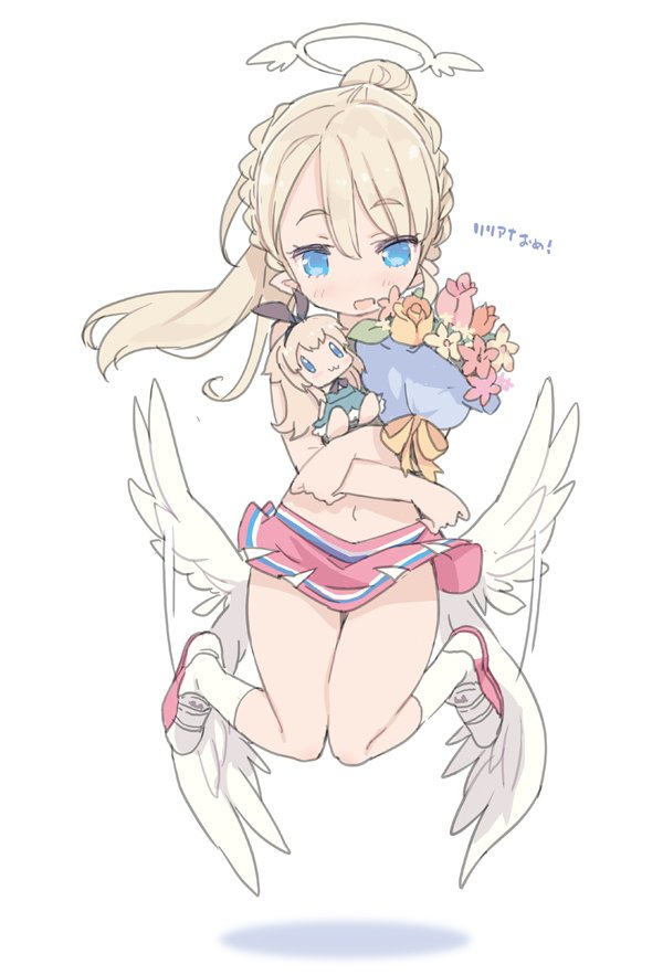 1girl, :3, angel_wings, birthday, blade_(galaxist), blonde_hair, blue_eyes, blush, braid, character_doll, cheerleader, doll, female_focus, floating, french_braid, full_body, grimms_notes, halo, liliana_hart, long_hair, open_mouth, pleated_skirt, pointy_ears, ponytail, pop-up_story, simple_background, skirt, smile, solo, white_background, wings