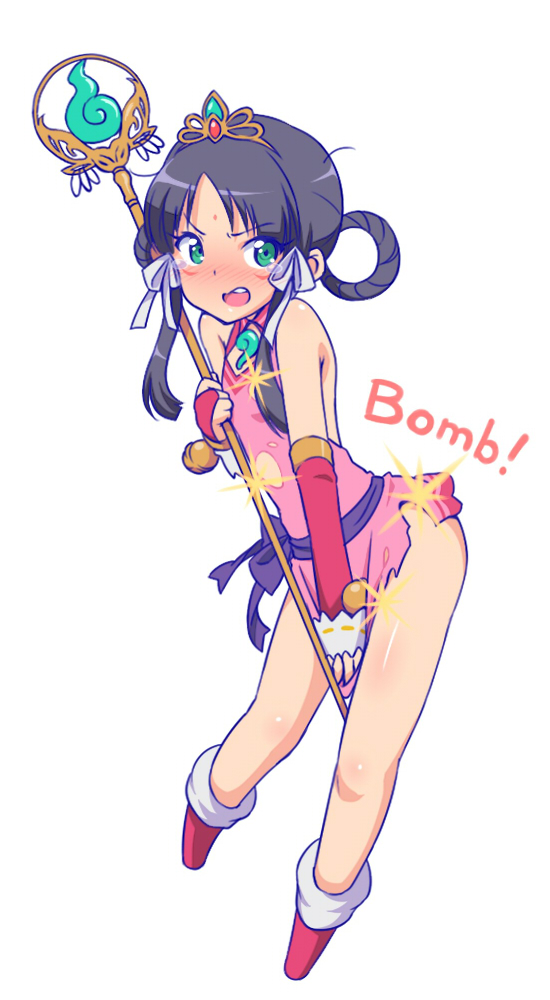 1girl, ace_attorney, black_hair, blush, bow, dress, dress_tug, female_focus, green_eyes, hair_ribbon, hair_rings, nagarakawa_shiraku, petite, phoenix_wright:_ace_attorney_-_spirit_of_justice, rayfa_padma_khura'in, ribbon, sidelocks, solo, staff, tiara, torn_clothes, torn_dress, waist_bow