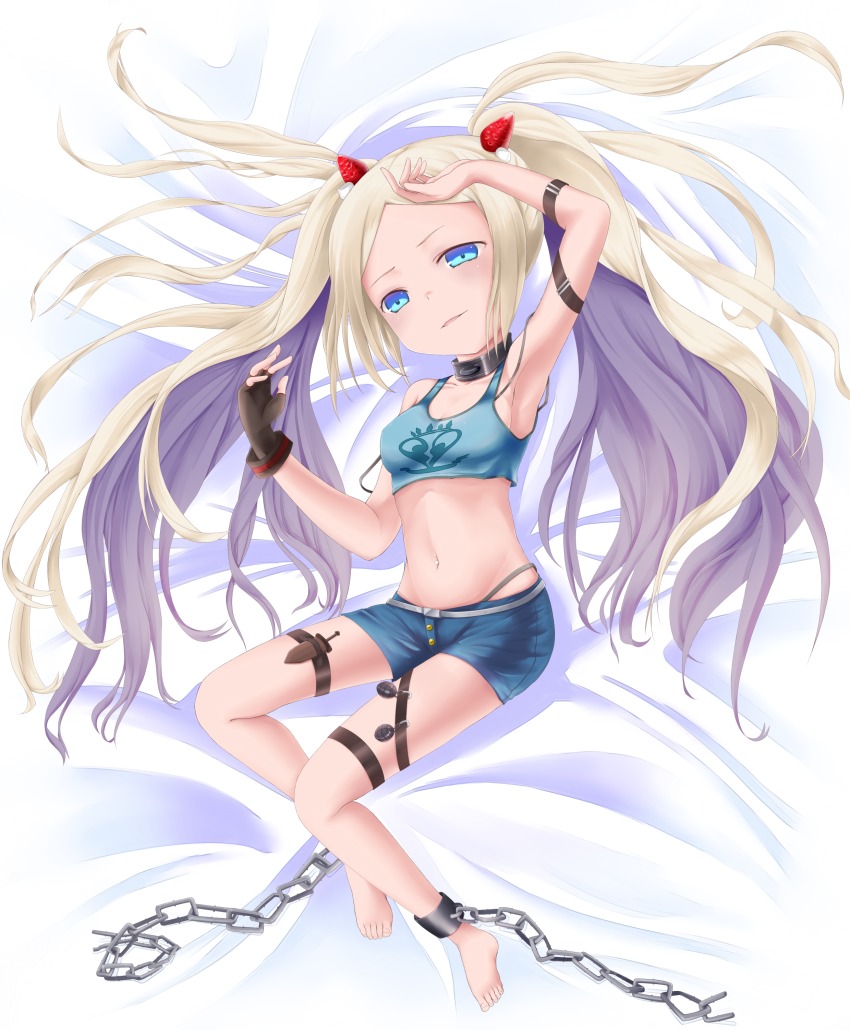 1girl, absurdres, barefoot, blonde_hair, blue_eyes, blush, chain, dagger
