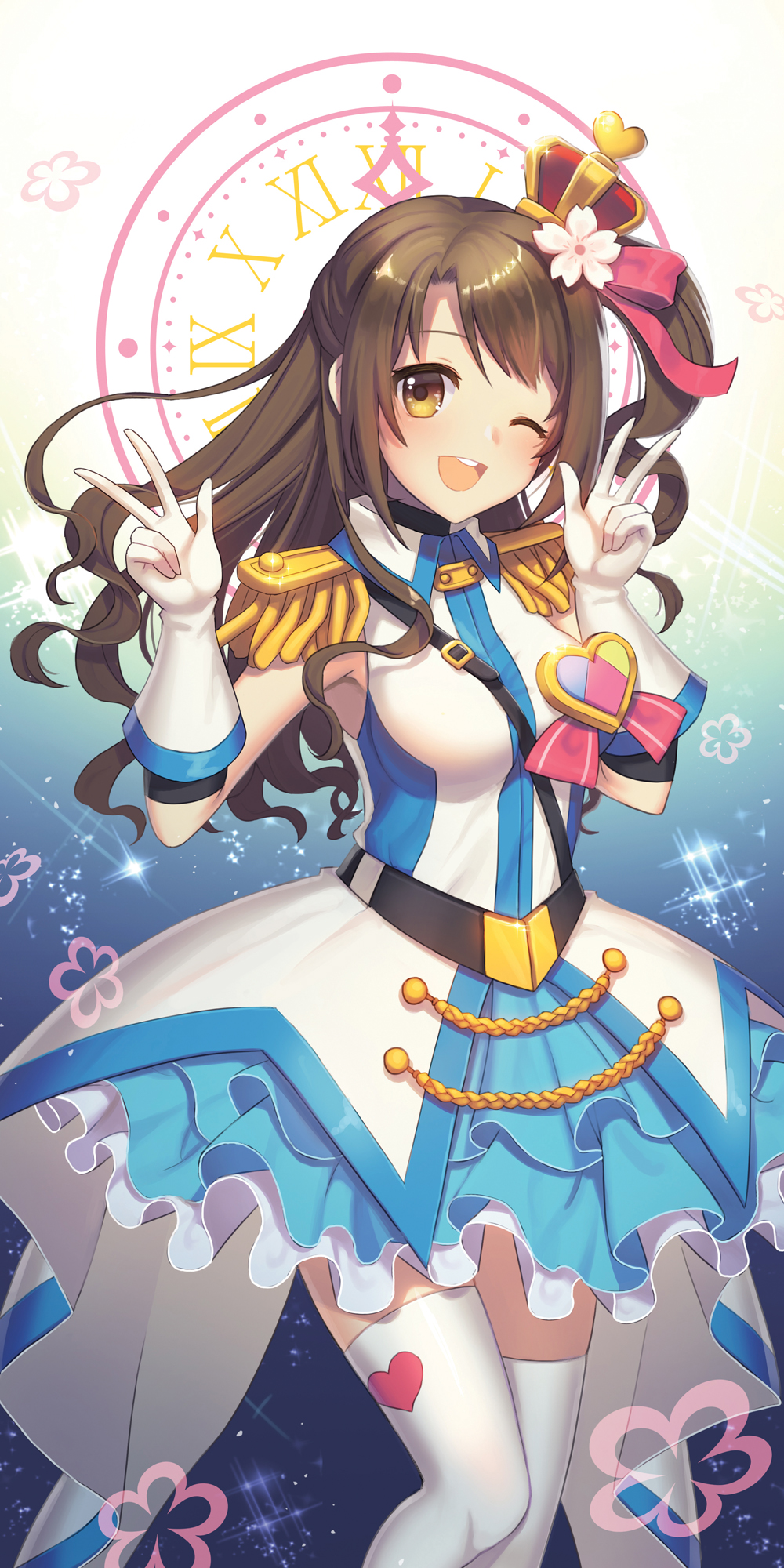 10s, 1girl, ;d, brown_eyes, brown_hair, crystal_night_party, double_v, dress