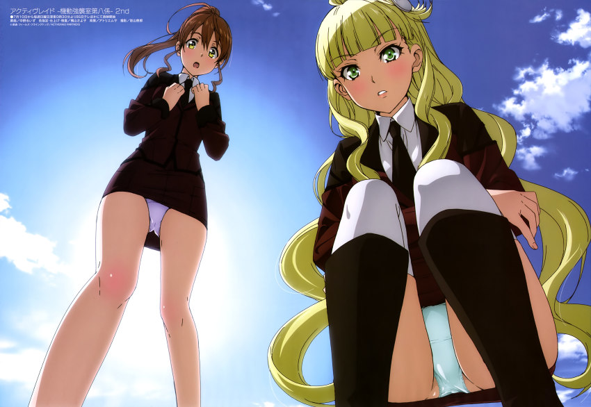 2girls, absurdres, active_raid, blonde_hair, brown_hair, cloud, day, emilia_edelman