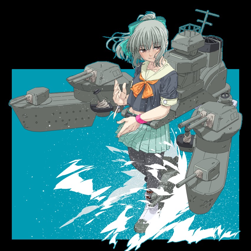 10s, boko_(maniacpurple), bow, brown_eyes, cannon, green_hair, grey_hair, hair_bow