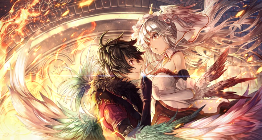10s, 1boy, 1girl, antel, arm_belt, bare_shoulders, belt_buckle, black_gloves, black_hair, black_wings, breasts, buckle, burning, closed_mouth, coat, crown, dearrose, detached_collar, dress, eye_contact, eyelashes, feathered_wings, feathers, fire, floating_hair, frills, from_side, fur_trim, gloves, green_wings, hair_ribbon, head_wings, highres, holding, jewelry, lens_flare, long_hair, looking_at_another, low_wings, medium_breasts, merc_storia, mito_itsuki, multicolored_wings, multiple_wings, necklace, parted_lips, pendant, red_eyes, ribbon, ribbon_trim, ring, serena_(merc_storia), silver_hair, smile, strapless, strapless_dress, tower, veil, white_gloves, white_wings, wind, wings