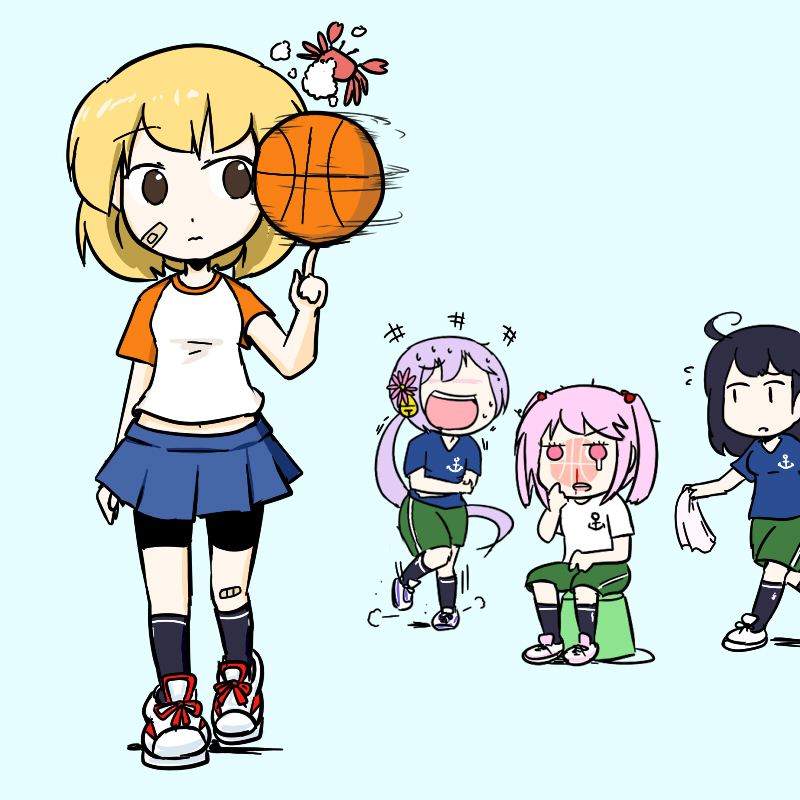 +++, 10s, 4girls, ahoge, akebono_(kancolle), alternate_costume, anchor_symbol, ball