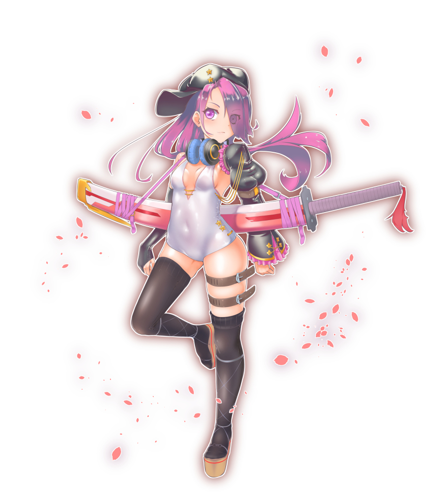 1girl, female_focus, hat, headphones, highres, lavie, lavie_(artist), lips, long_hair, original, pink_eyes, pink_hair, sandals, solo, sword, thighhighs, weapon