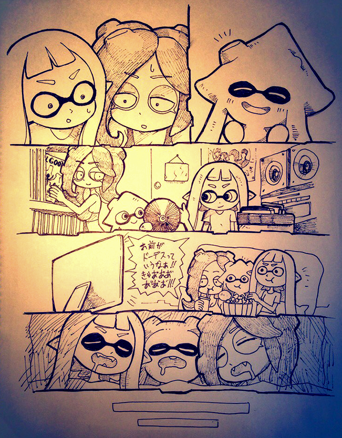 3girls, bad_id, bad_twitter_id, breasts, child, comic, denim, denim_shorts, female_focus, food, gradient_background, hybrid, if_they_mated, indoors, inkling, inkling_girl, inkling_player_character, large_breasts, laserdisc_(object), monochrome, multiple_girls, nintendo, octoling, popcorn, shirt, shorts, sleeping, soft_drink, splatoon_(series), splatoon_1, takozonesu, tank_top, tentacle_hair, tentacles, translation_request, yuta_agc