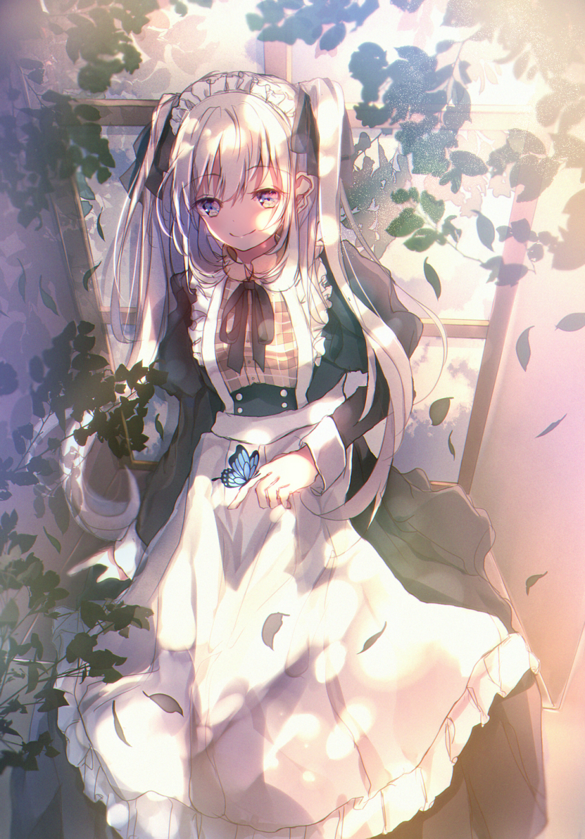 1girl, apron, arm_at_side, black_dress, black_ribbon, blue_eyes, bug, butterfly