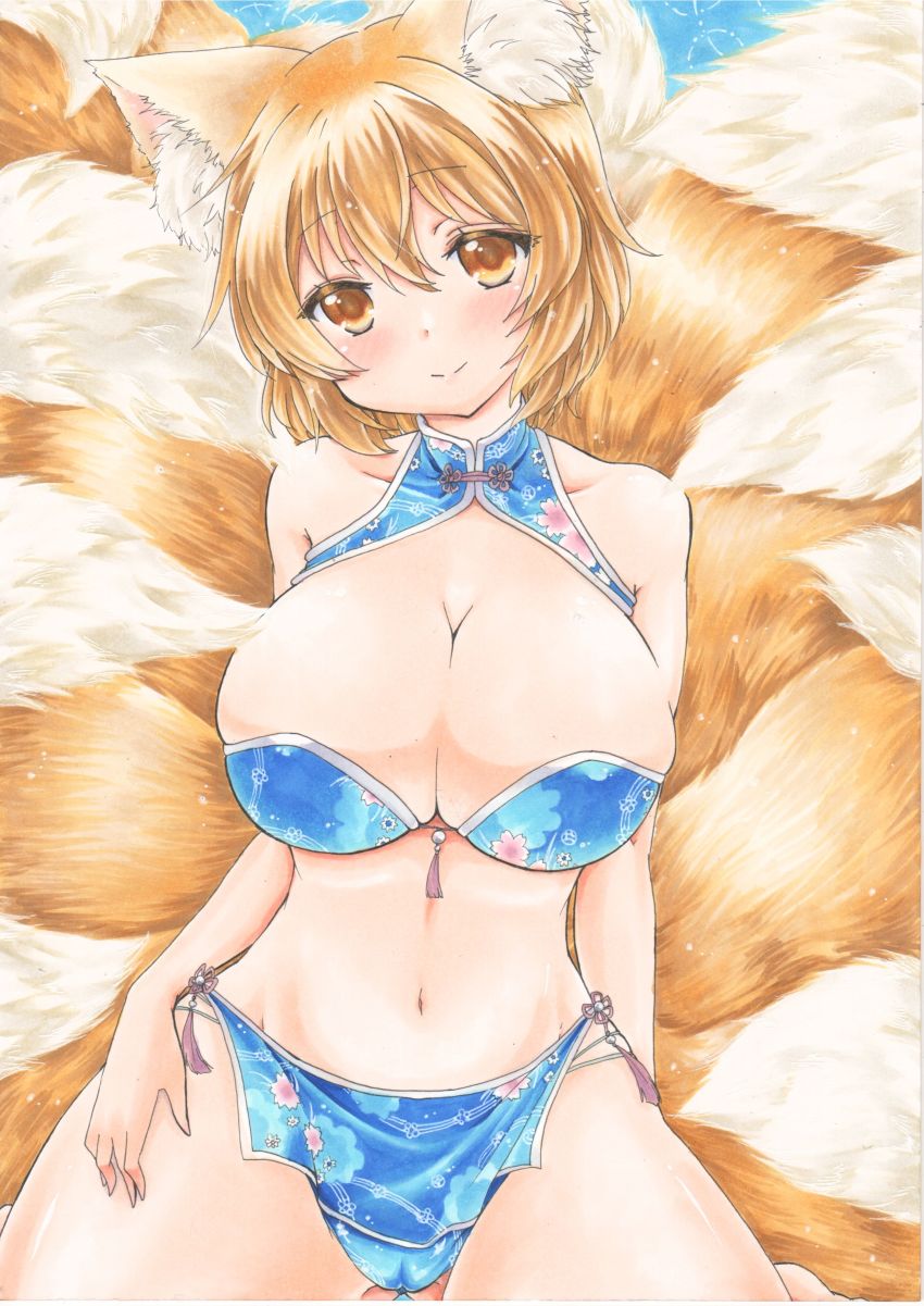 1girl, absurdres, animal_ears, blonde_hair, breasts, chinese_clothes, cleavage, female_focus