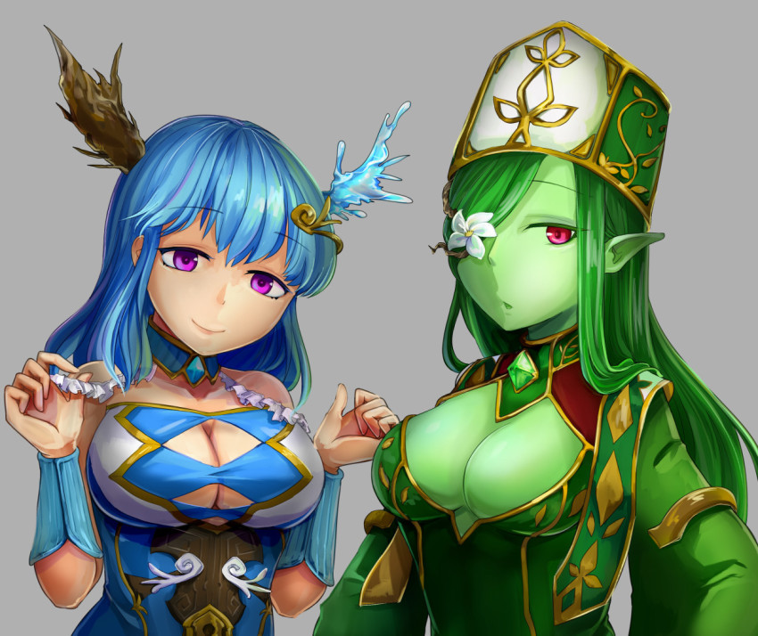 2girls, armadel_(p&amp;d), ars_paulina_(p&amp;d), asymmetrical_horns, bad_id, bad_pixiv_id, bare_shoulders, bracer, breasts, cleavage, colored_skin, detached_collar, dress, flower_eyepatch, frills, gem, green_hair, green_skin, grey_background, hair_ornament, hair_over_one_eye, hat, horns, large_breasts, long_hair, looking_at_viewer, medium_breasts, mismatched_horns, monster_girl, mrider, multiple_girls, parted_lips, pink_eyes, plant_girl, pointy_ears, purple_eyes, puzzle_&amp;_dragons, red_eyes, simple_background, smile, wide_sleeves