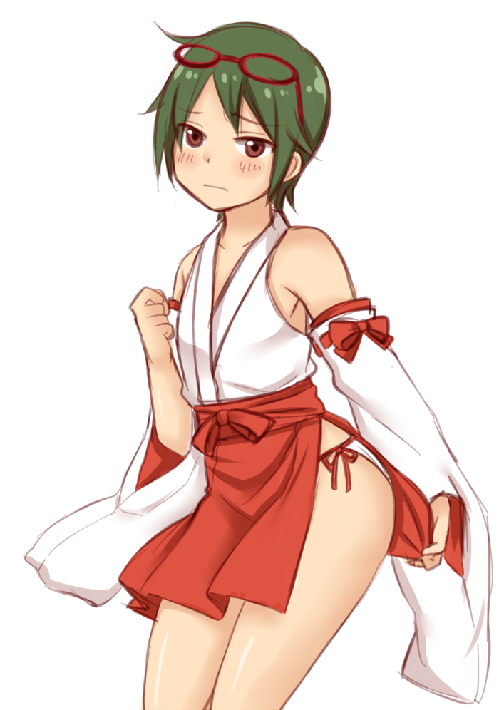 10s, 1boy, brown_eyes, clenched_hand, crossdressing, crossdressing_(mtf), detached_sleeves, eyewear_on_head, glasses, green_hair, hakama, hakama_short_skirt, hakama_skirt, idolmaster, idolmaster_side-m, japanese_clothes, looking_at_viewer, male_focus, miko, nontraditional_miko, osusi_anago, red-framed_eyewear, simple_background, skirt, solo, white_background, wide_sleeves, yamamura_ken