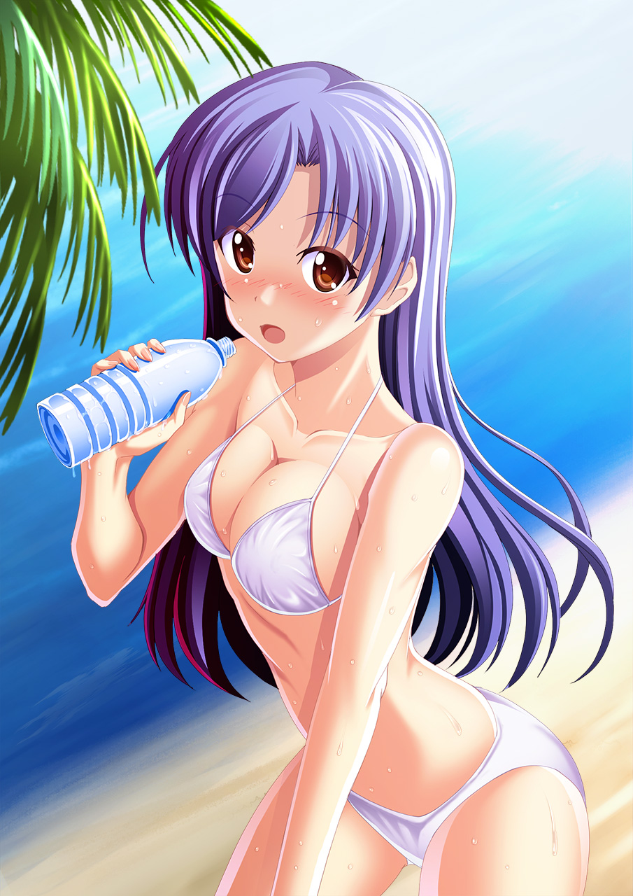1girl, beach, bikini, blue_hair, blush, bottle, breasts, brown_eyes