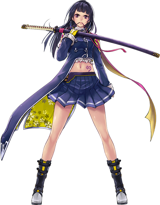 1girl, bare_legs, black_hair, boots, female_focus, full_body, gloves, katana, long_hair, masamune_(phantom_of_the_kill), midriff, miniskirt, navel, official_art, phantom_of_the_kill, purple_eyes, simple_background, skirt, solo, sword, tattoo, weapon, white_background