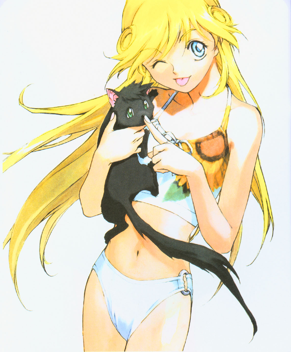 1girl, :p, ;p, bikini, bikini_bottom_only, blonde_hair, blue_eyes, cat