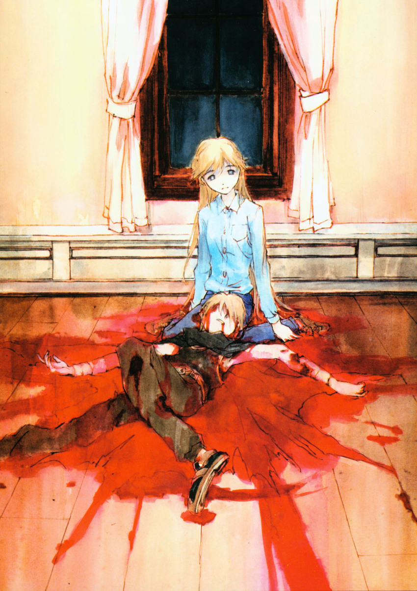 1boy, 1girl, blonde_hair, blood, cleo_everlastin, death, highres, kusaka_yuuya
