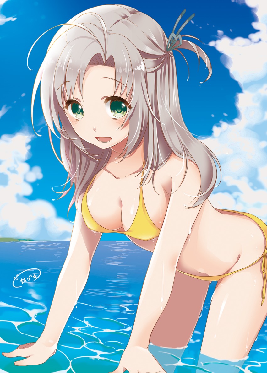 10s, 1girl, bikini, female_focus, highres, kantai_collection, kazuki_kan, kazumi_(uta915), kinugasa_(kancolle), long_hair, solo, swimsuit, water, white_hair