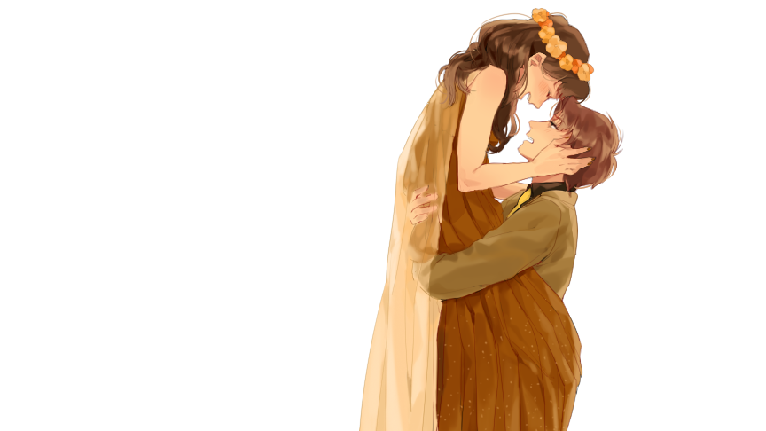 1boy, 1girl, ^_^, black_shirt, brown_dress, brown_hair, brown_jacket, carrying, closed_eyes, collared_shirt, couple, dress, forehead-to-forehead, formal_clothes, from_side, genderswap, genderswap_(mtf), head_wreath, heads_together, hetero, jacket, komatsuda_shuusaku, laughing, long_dress, long_hair, long_sleeves, looking_at_another, necktie, profile, rakudai_ninja_rantarou, sachiko_(suzume_0141), see-through_clothes, shaw;, shawl, shirt, simple_background, suit, wavy_hair, white_background, yamada_rikichi, yellow_necktie