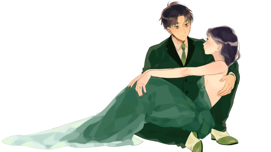 1boy, 1girl, bags_under_eyes, bare_arms, bare_shoulders, black_hair, blush, brown_hair