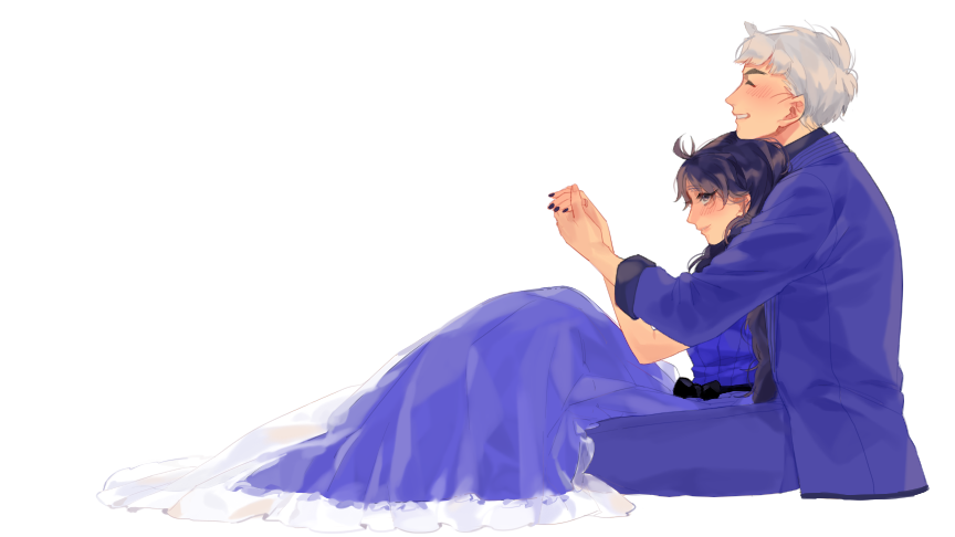 1boy, 1girl, ^_^, ahoge, black_bow, black_hair, black_shirt, blue_dress