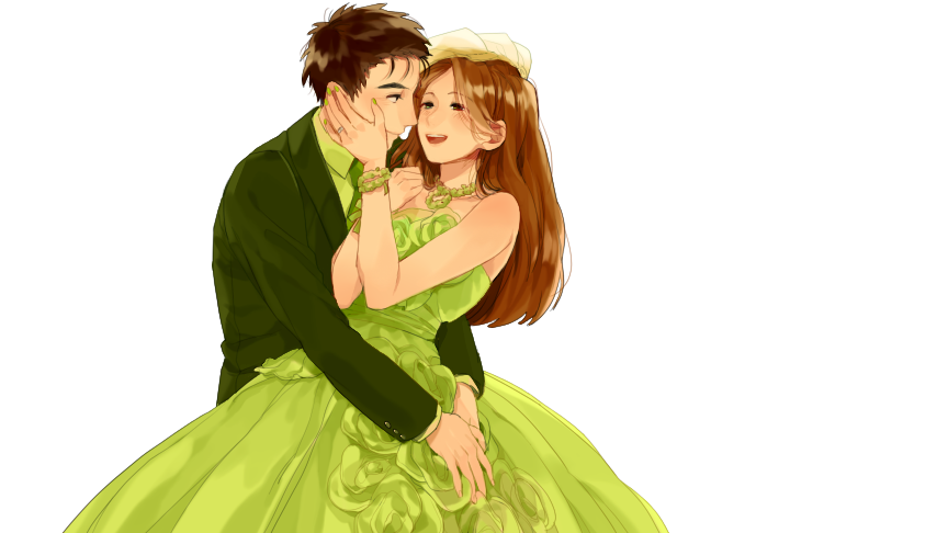 1boy, 1girl, :d, bare_shoulders, bracelet, brown_hair, closed_mouth, collared_shirt