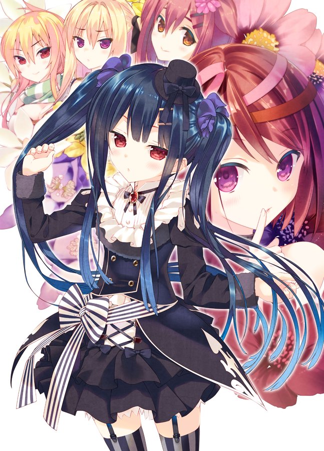 5girls, aburana_(flower_knight_girl), arikawa_satoru, black_hair, black_hat, black_skirt, blonde_hair, blue_hair, bow, brown_eyes, chocolate_cosmos_(flower_knight_girl), cosmos_(flower_knight_girl), cowboy_shot, expressionless, finger_to_mouth, flower, flower_knight_girl, gothic_lolita, gradient_hair, grey_legwear, hair_flower, hair_ornament, hair_ribbon, hat, kuchinashi_(flower_knight_girl), lolita_fashion, long_hair, looking_at_viewer, mini_hat, mini_top_hat, multicolored_hair, multiple_girls, name_connection, object_namesake, purple_eyes, red_eyes, red_hair, ribbon, scarf, short_hair, skirt, striped_bow, striped_clothes, striped_legwear, striped_thighhighs, thigh_strap, thighhighs, top_hat, torikabuto_(flower_knight_girl), twintails, vertical-striped_clothes, vertical-striped_legwear, vertical-striped_thighhighs, waist_bow