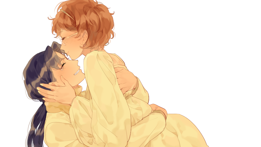 1boy, 1girl, black_hair, brown_hair, closed_mouth, couple, dress, eyelashes