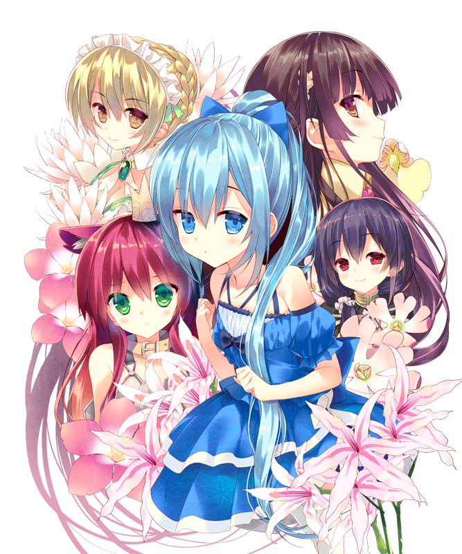 5girls, animal_ears, arikawa_satoru, black_hair, blonde_hair, blue_bow, blue_eyes, blue_hair