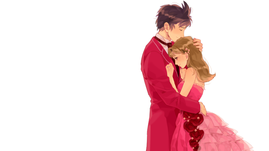 1boy, 1girl, beads, black_necktie, brown_hair, closed_mouth, coat, collared_shirt