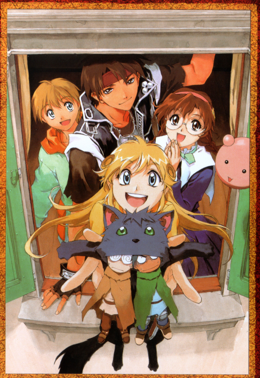 2girls, 4boys, :d, absurdres, black_hair, blonde_hair, blue_eyes, braid