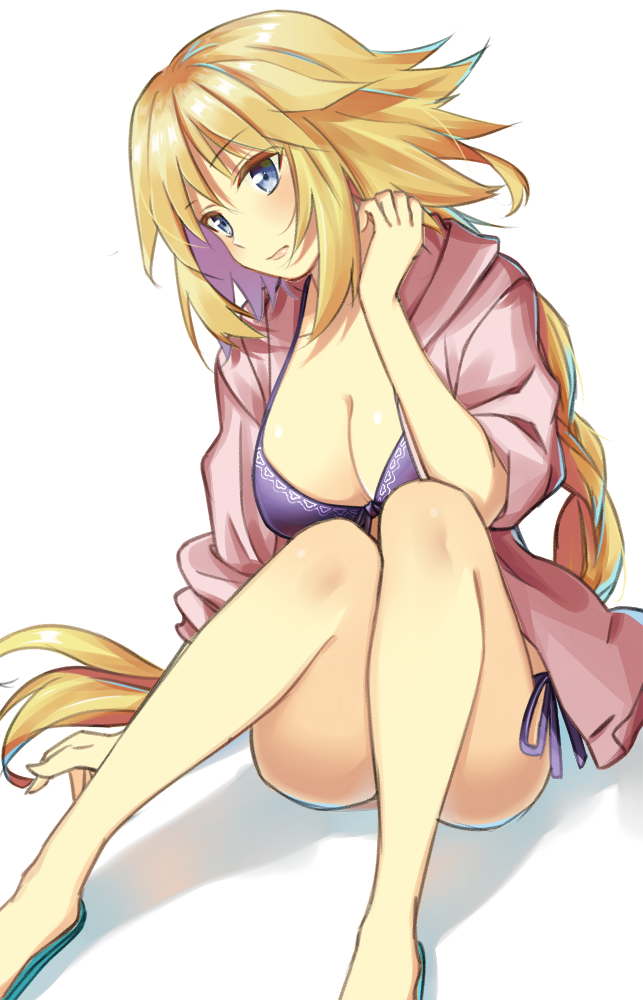 1girl, bikini, blonde_hair, blue_eyes, blush, braid, breasts, cleavage