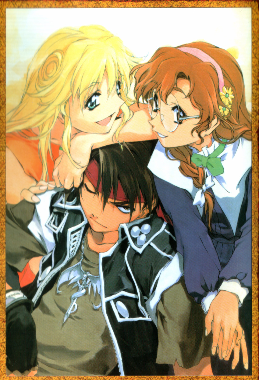 1boy, 2girls, absurdres, black_hair, blonde_hair, bow, braid, brown_eyes