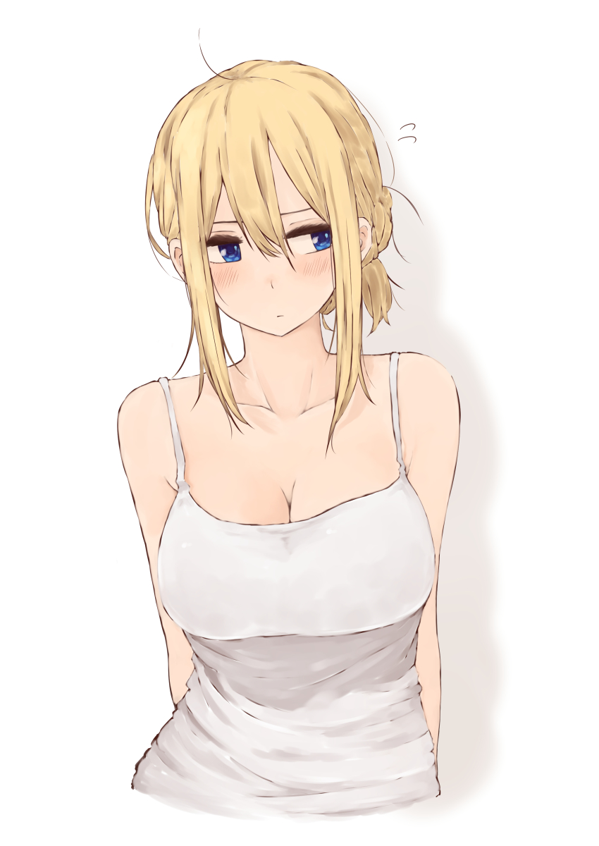 1girl, absurdres, arms_behind_back, bare_shoulders, blonde_hair, blue_eyes, blush, breasts