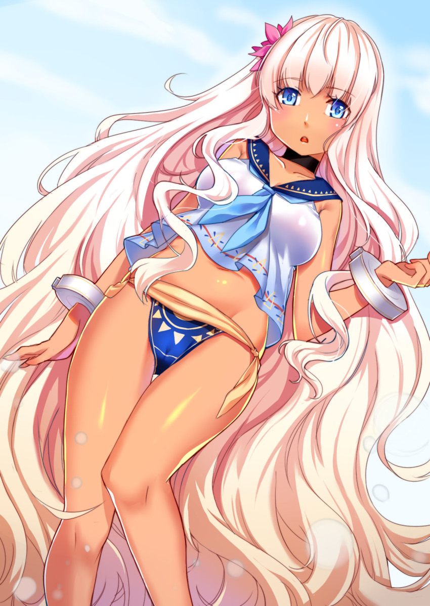 1girl, :o, absurdly_long_hair, aer_(tengqiu), bare_shoulders, bikini, bikini_bottom_only, blue_eyes, cameltoe, choker, cuffs, dark-skinned_female, dark_skin, female_focus, flower, hair_flower, hair_ornament, highres, long_hair, looking_at_viewer, pink_hair, sailor_collar, solo, south_dakota_(warship_girls_r), swimsuit, tan, very_long_hair, warship_girls_r